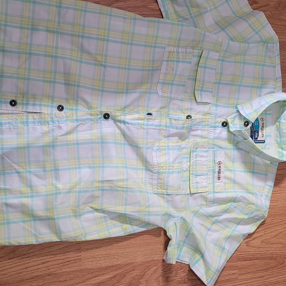 Magellan Outdoors Light Blue and Yellow Plaid Shirt